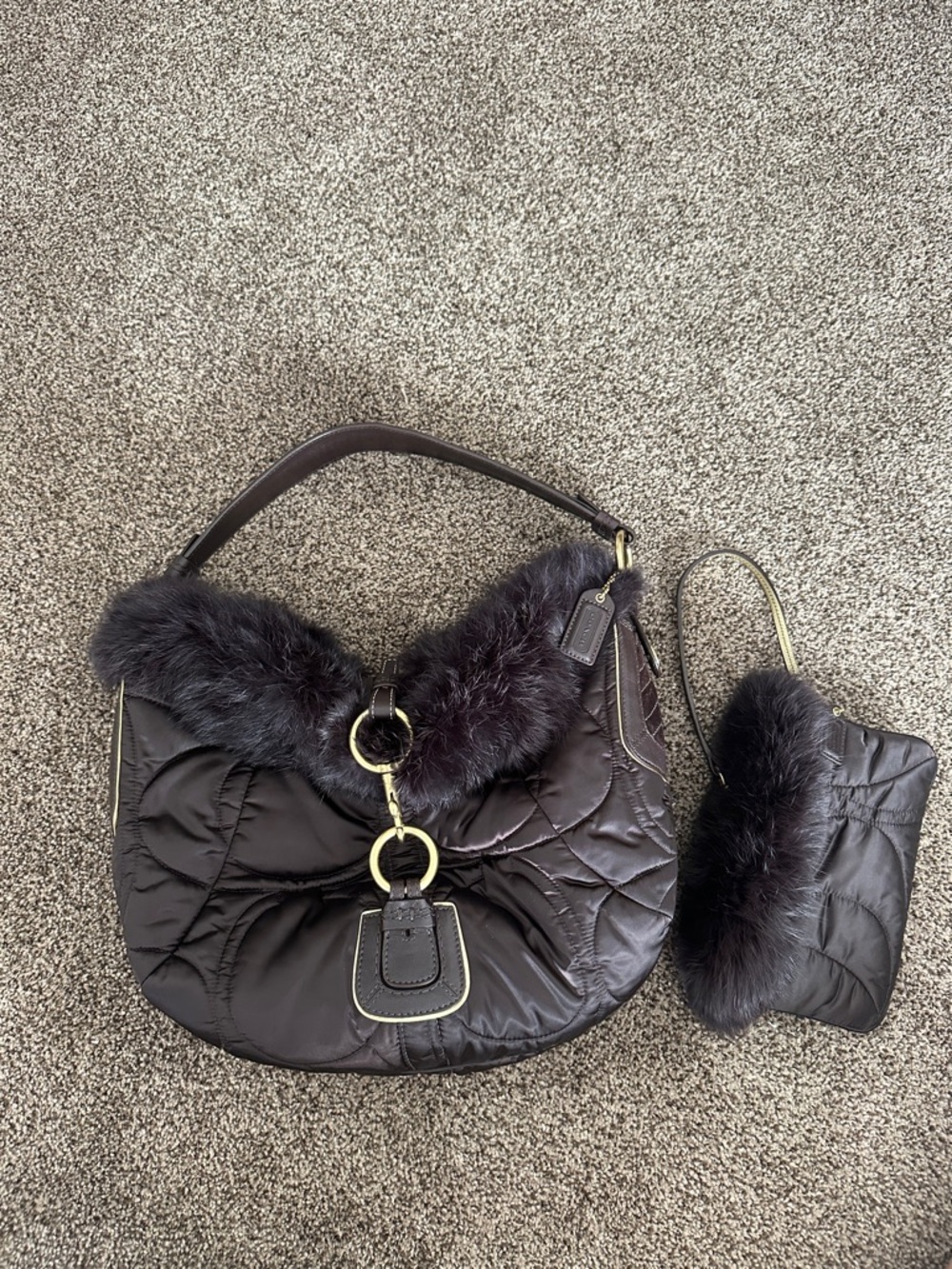 Coach Brown Quilted Shoulder Hobo with Fur Trim and Wristlet